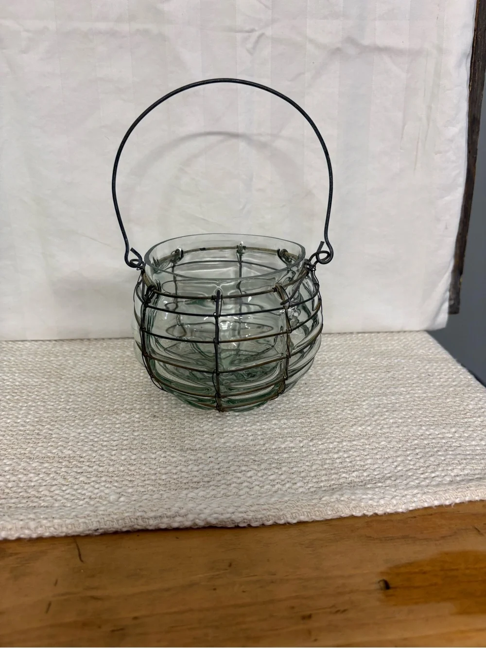 Vintage Glass Lantern Vase with Wire Cage Handle - Clear Glass